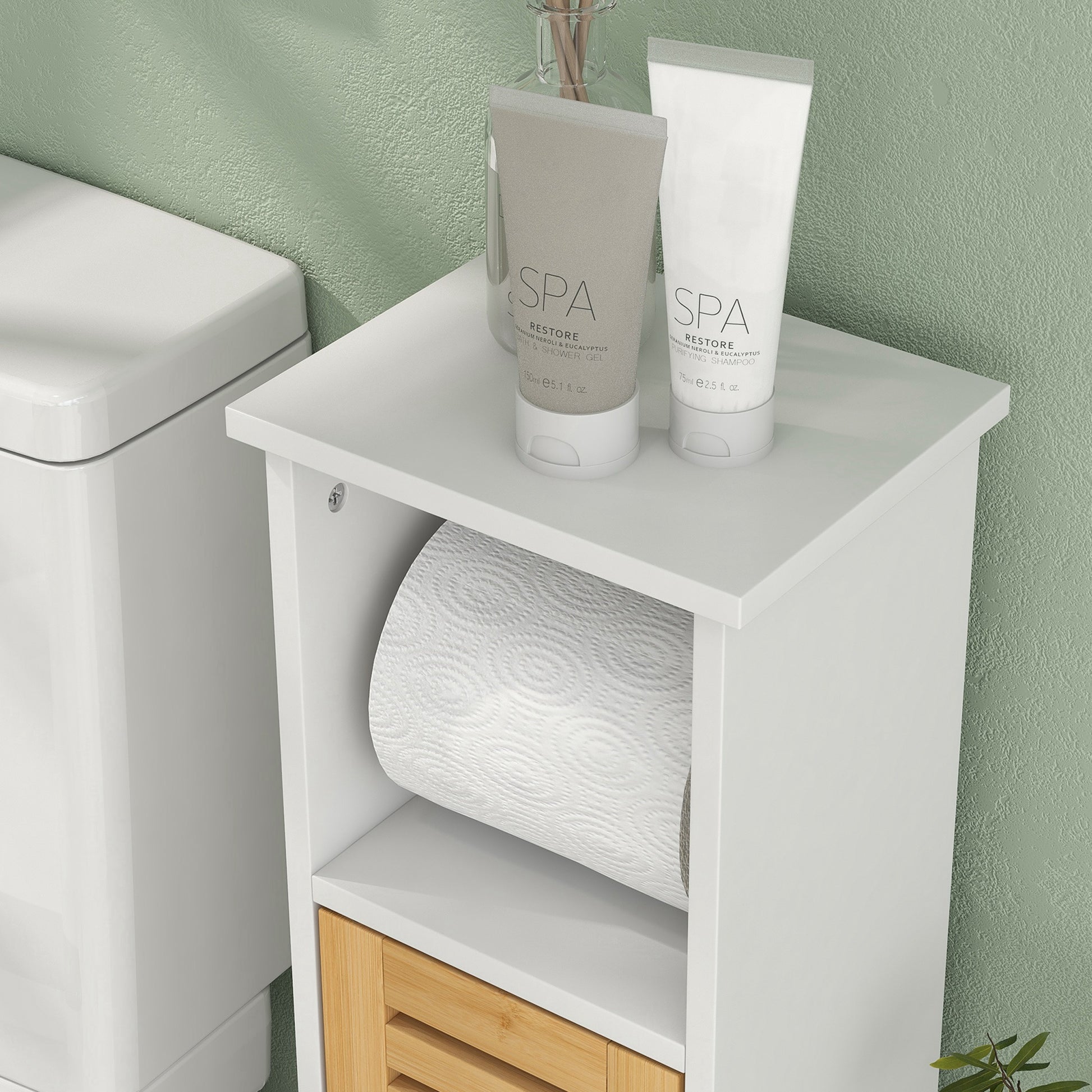 Bathroom Cabinet with Toilet Paper Holder and Removable Rod 3 Levels + Toilet Paper Holder, 21W x 17D x 78H cm, Bamboo and White