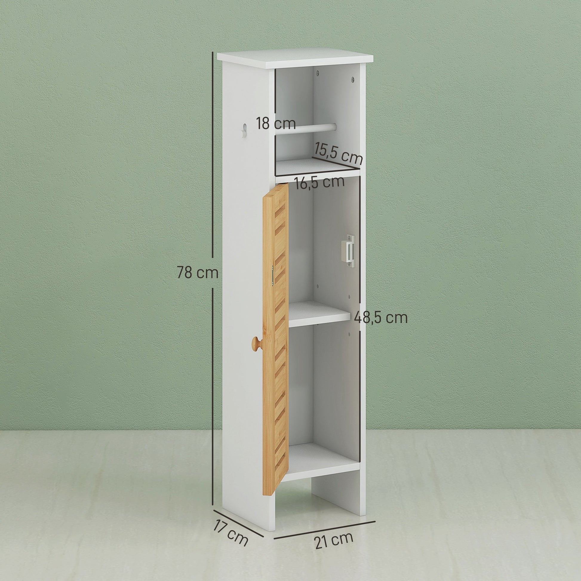 Bathroom Cabinet with Toilet Paper Holder and Removable Rod 3 Levels + Toilet Paper Holder, 21W x 17D x 78H cm, Bamboo and White