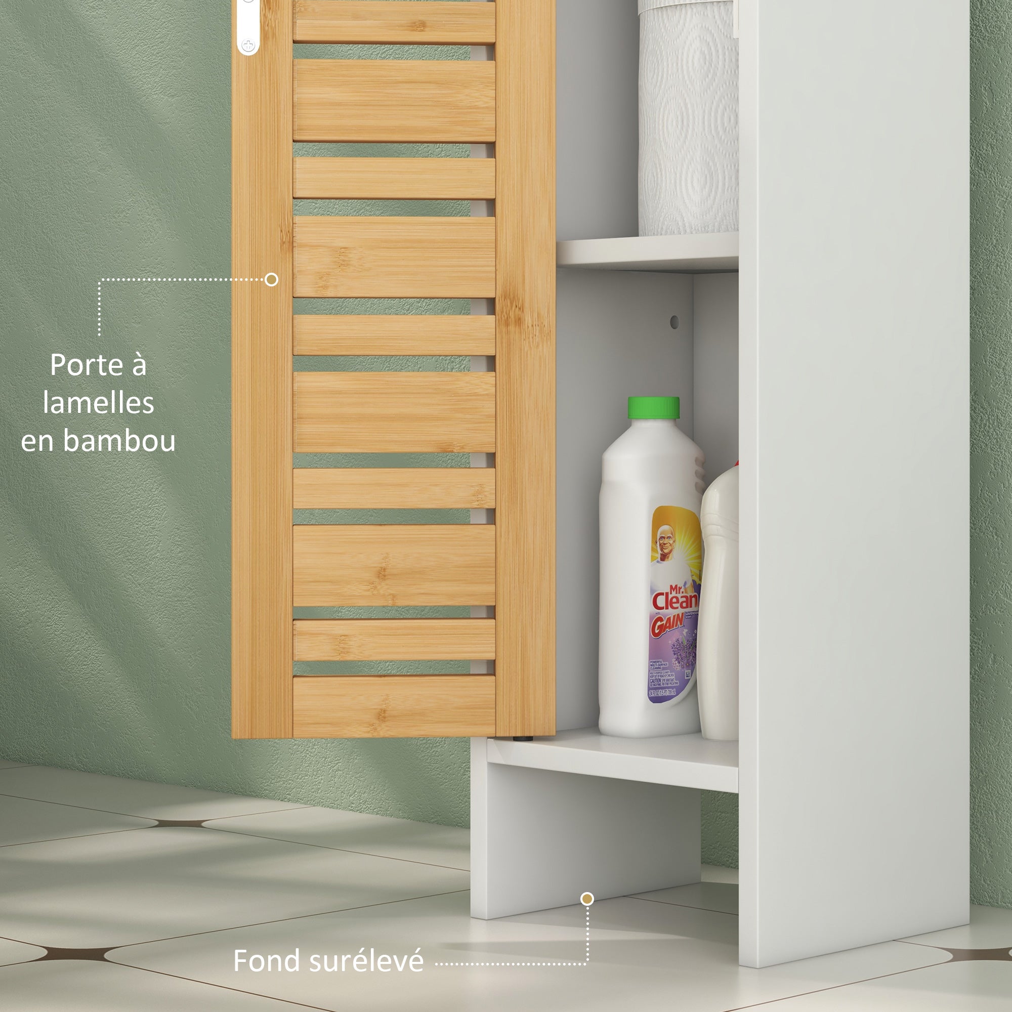 Bathroom Cabinet with Toilet Paper Holder and Removable Rod 3 Levels + Toilet Paper Holder, 21W x 17D x 78H cm, Bamboo and White