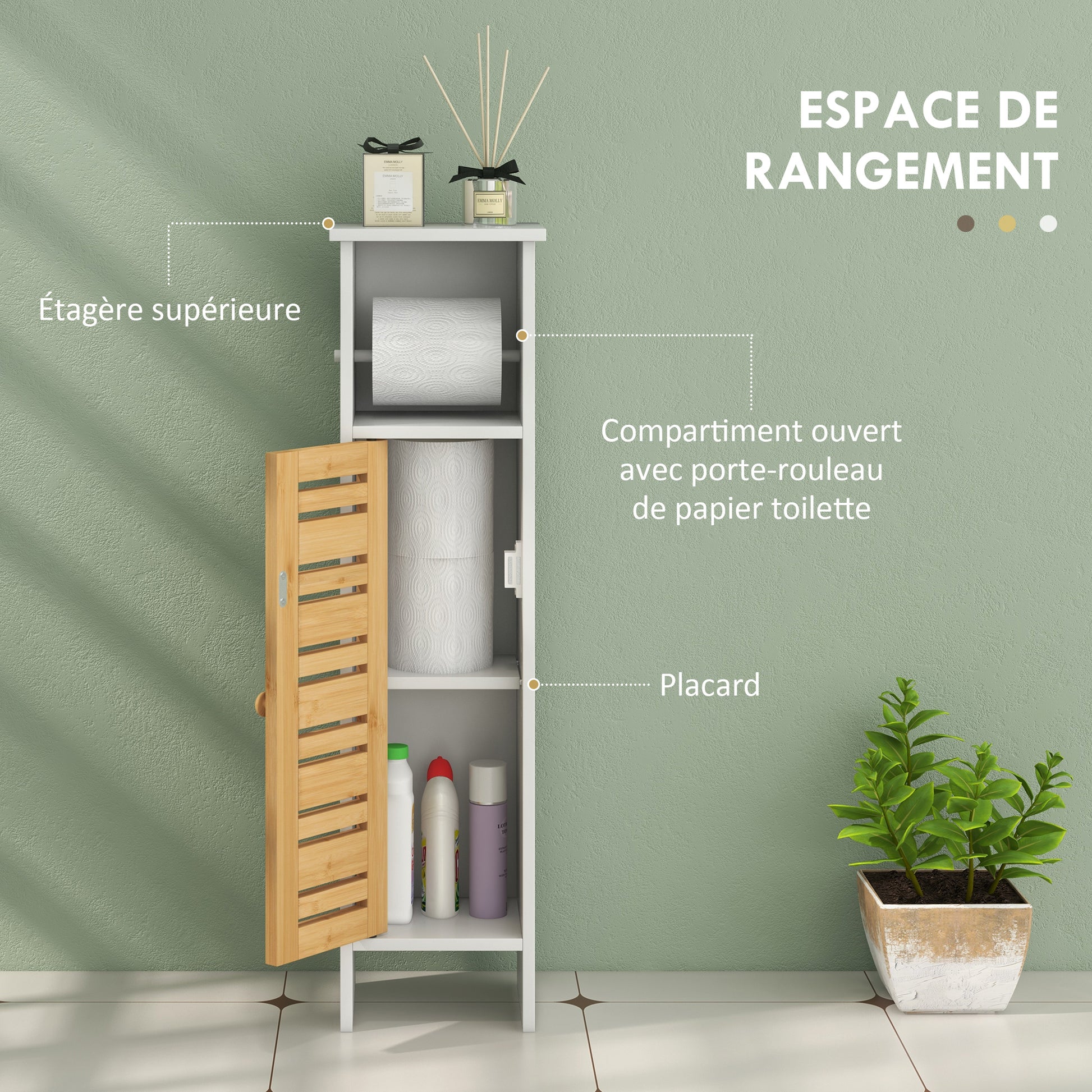 Bathroom Cabinet with Toilet Paper Holder and Removable Rod 3 Levels + Toilet Paper Holder, 21W x 17D x 78H cm, Bamboo and White