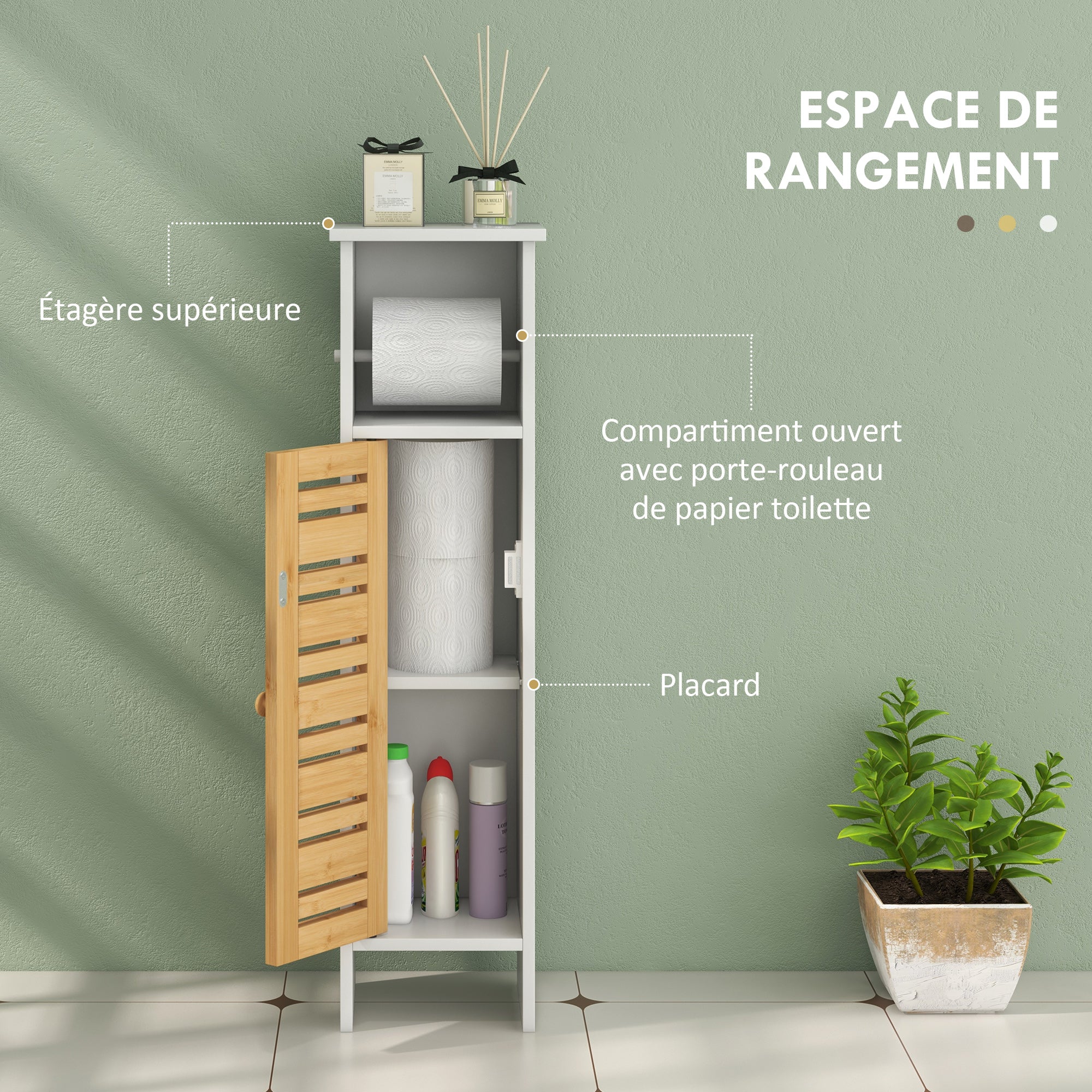 Bathroom Cabinet with Toilet Paper Holder and Removable Rod 3 Levels + Toilet Paper Holder, 21W x 17D x 78H cm, Bamboo and White