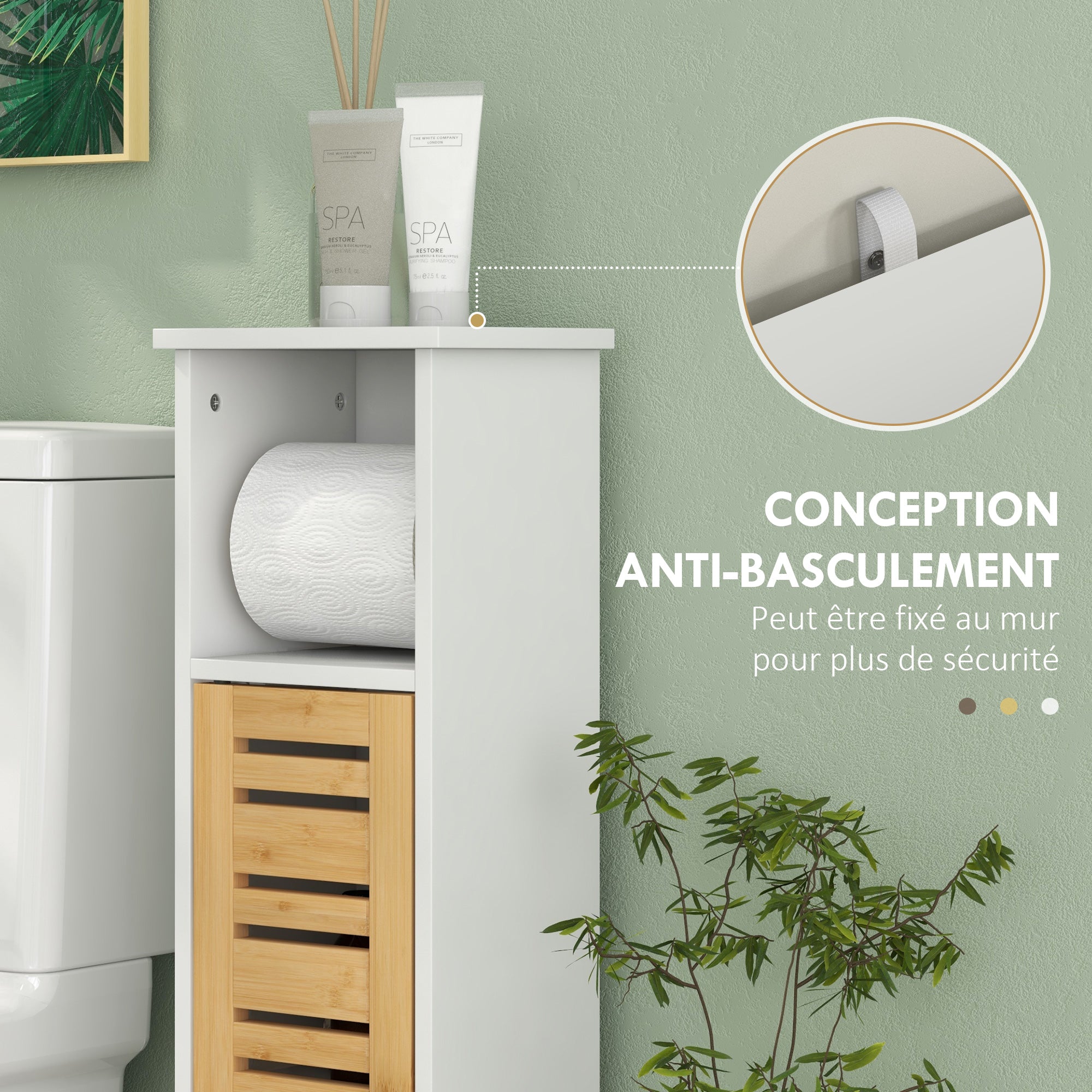 Bathroom Cabinet with Toilet Paper Holder and Removable Rod 3 Levels + Toilet Paper Holder, 21W x 17D x 78H cm, Bamboo and White