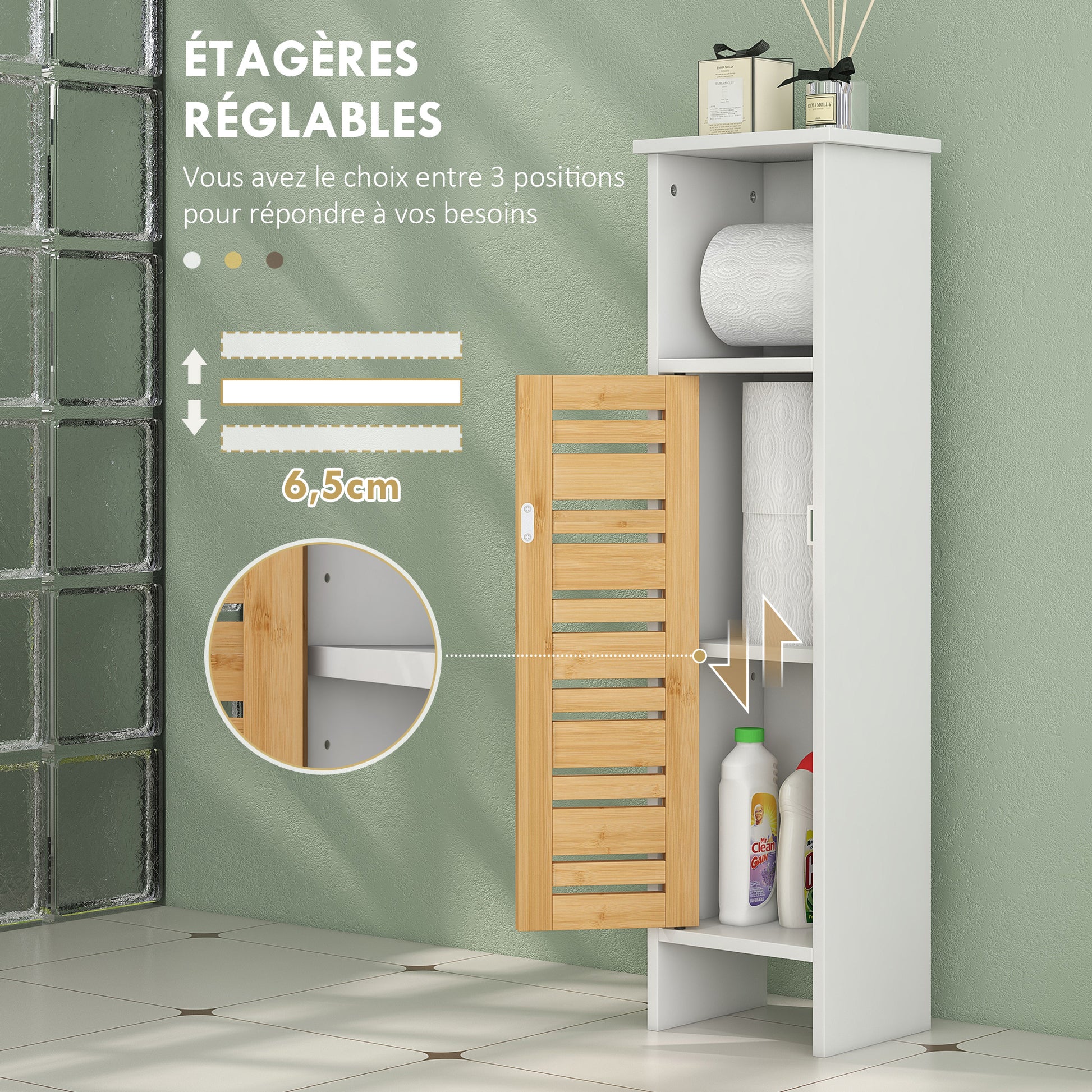 Bathroom Cabinet with Toilet Paper Holder and Removable Rod 3 Levels + Toilet Paper Holder, 21W x 17D x 78H cm, Bamboo and White