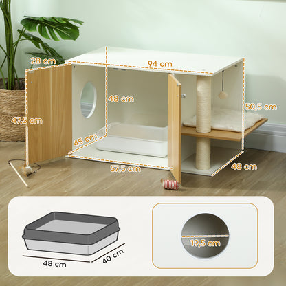 Cat Litter Furniture 3 in 1 Nest Side Table Cat Litter Box with Doors Cushion Scratching Post and Play Center for Living Room Bedroom 94x48x50.5 cm Oak and White