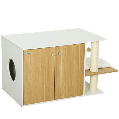 Cat Litter Furniture 3 in 1 Nest Side Table Cat Litter Box with Doors Cushion Scratching Post and Play Center for Living Room Bedroom 94x48x50.5 cm Oak and White