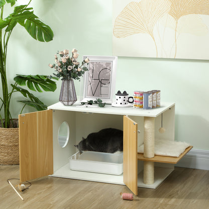 Cat Litter Furniture 3 in 1 Nest Side Table Cat Litter Box with Doors Cushion Scratching Post and Play Center for Living Room Bedroom 94x48x50.5 cm Oak and White