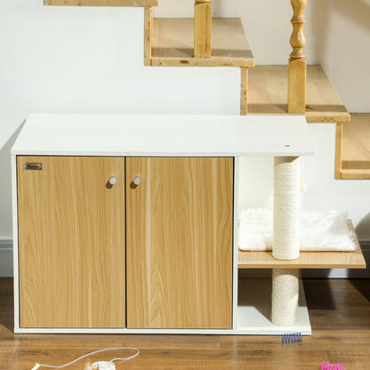 Cat Litter Furniture 3 in 1 Nest Side Table Cat Litter Box with Doors Cushion Scratching Post and Play Center for Living Room Bedroom 94x48x50.5 cm Oak and White