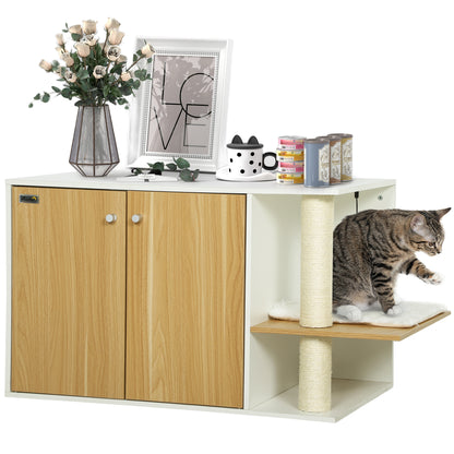 Cat Litter Furniture 3 in 1 Nest Side Table Cat Litter Box with Doors Cushion Scratching Post and Play Center for Living Room Bedroom 94x48x50.5 cm Oak and White