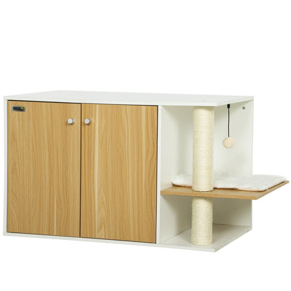 Cat Litter Furniture 3 in 1 Nest Side Table Cat Litter Box with Doors Cushion Scratching Post and Play Center for Living Room Bedroom 94x48x50.5 cm Oak and White