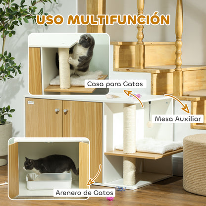 Cat Litter Furniture 3 in 1 Nest Side Table Cat Litter Box with Doors Cushion Scratching Post and Play Center for Living Room Bedroom 94x48x50.5 cm Oak and White