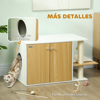Cat Litter Furniture 3 in 1 Nest Side Table Cat Litter Box with Doors Cushion Scratching Post and Play Center for Living Room Bedroom 94x48x50.5 cm Oak and White