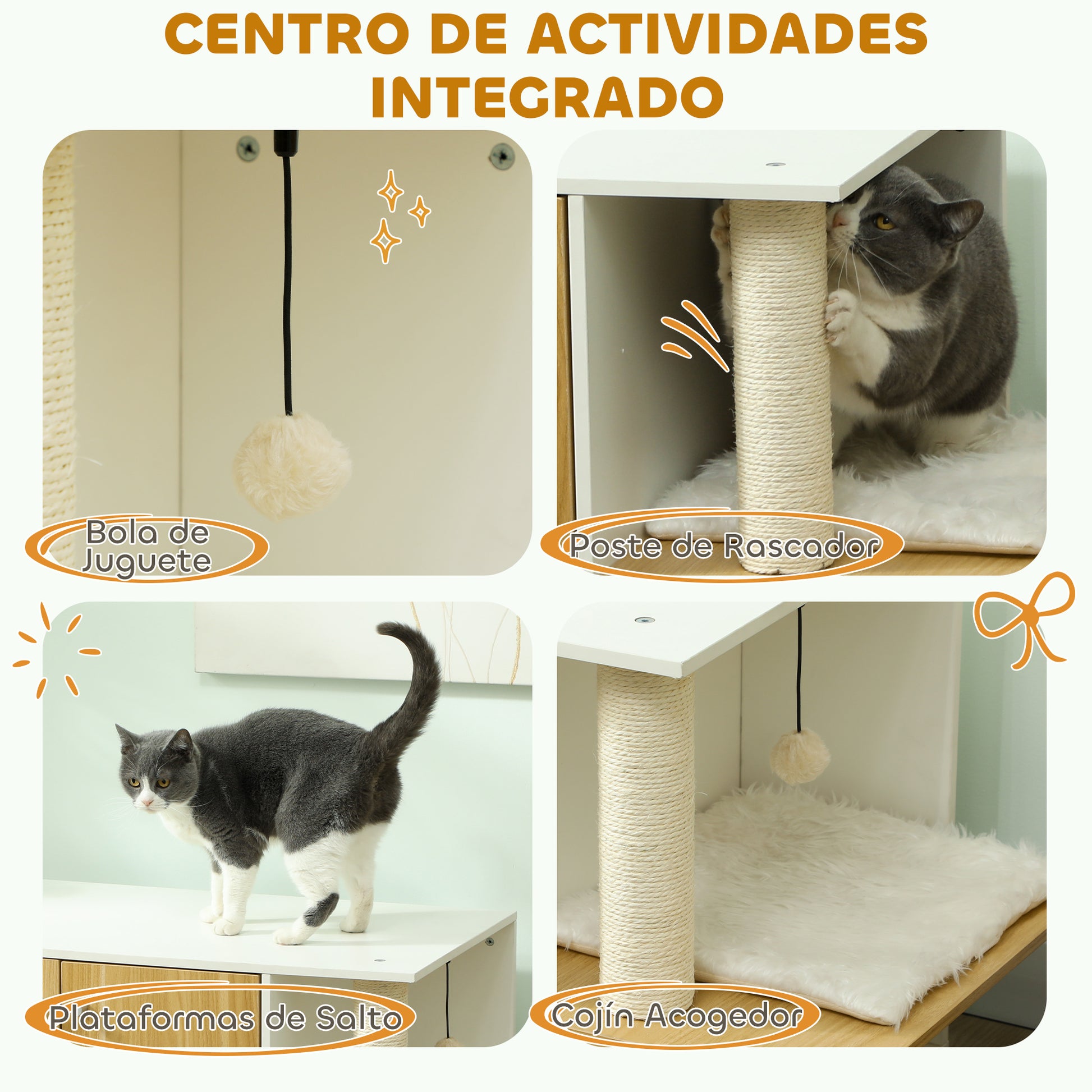 Cat Litter Furniture 3 in 1 Nest Side Table Cat Litter Box with Doors Cushion Scratching Post and Play Center for Living Room Bedroom 94x48x50.5 cm Oak and White
