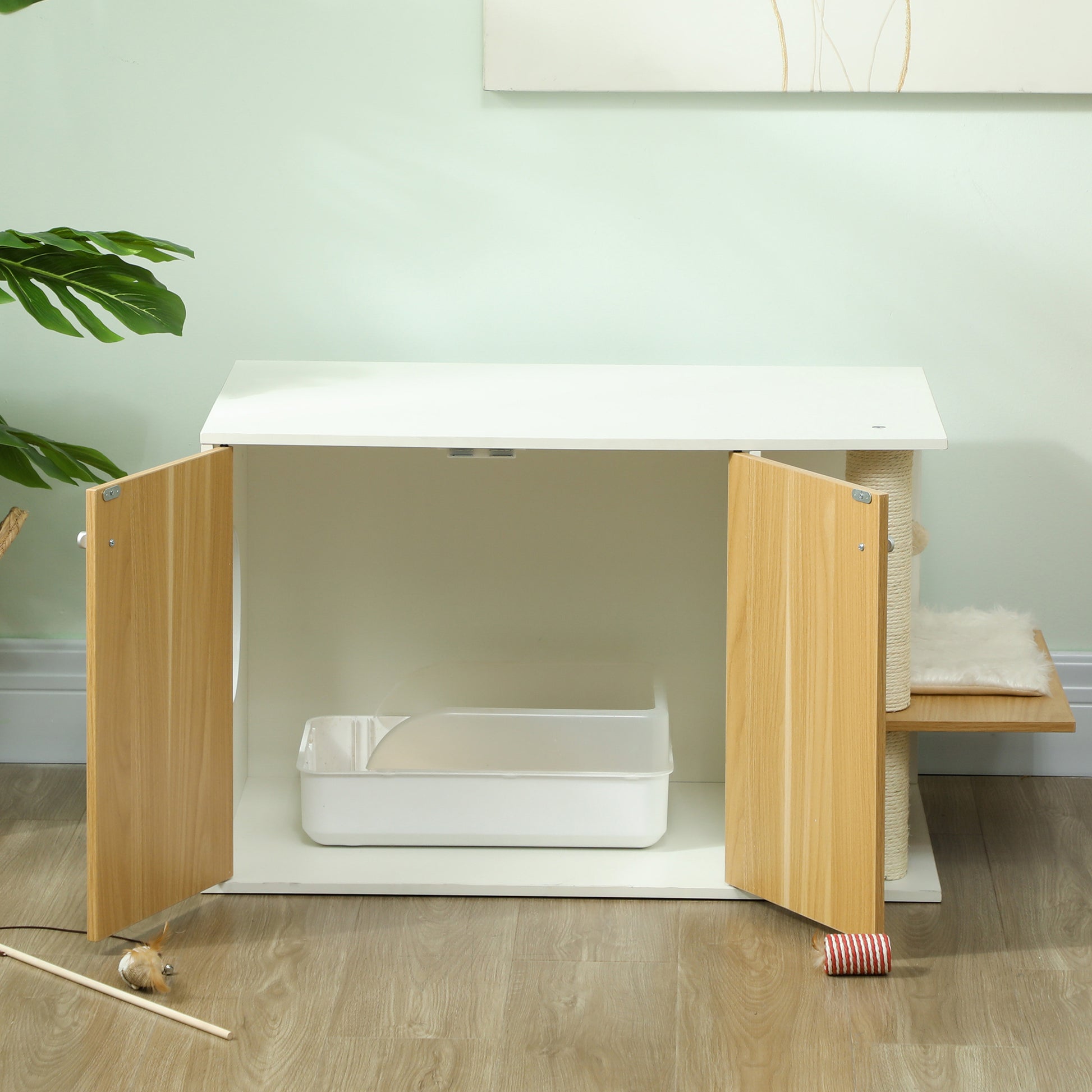 Cat Litter Furniture 3 in 1 Nest Side Table Cat Litter Box with Doors Cushion Scratching Post and Play Center for Living Room Bedroom 94x48x50.5 cm Oak and White