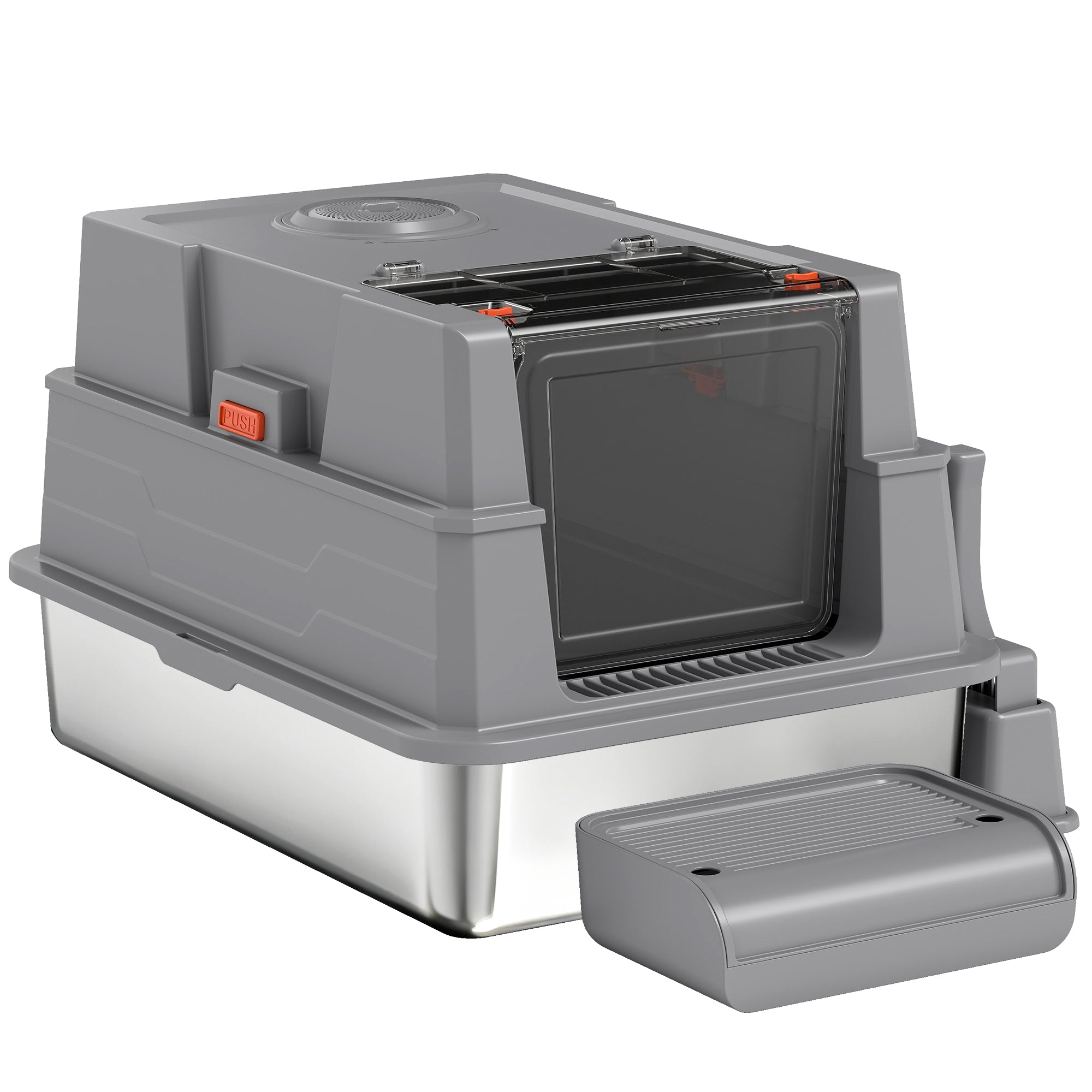 XXL Stainless Steel Cat Litter Box, 130 L (≈34.3 US gal) — 180° Flip Lid, High Sides, Scoop & Step — For Up to 3 Cats (≤22 lb / 10 kg each) — 27.6 x 19.7 x 16.9 in, Gray