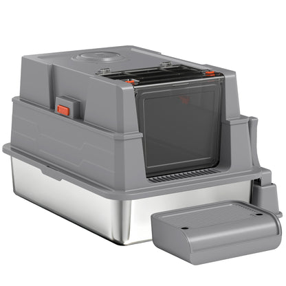 XXL Stainless Steel Cat Litter Box, 130 L (≈34.3 US gal) — 180° Flip Lid, High Sides, Scoop & Step — For Up to 3 Cats (≤22 lb / 10 kg each) — 27.6 x 19.7 x 16.9 in, Gray