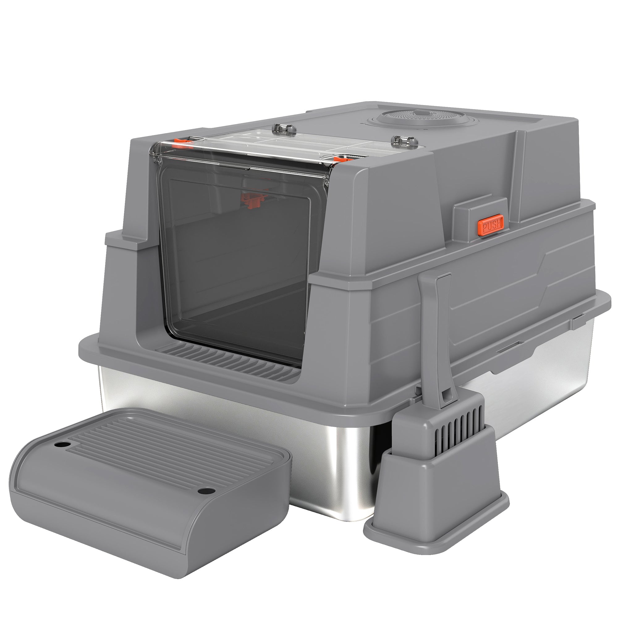XXL Stainless Steel Cat Litter Box, 130 L (≈34.3 US gal) — 180° Flip Lid, High Sides, Scoop & Step — For Up to 3 Cats (≤22 lb / 10 kg each) — 27.6 x 19.7 x 16.9 in, Gray