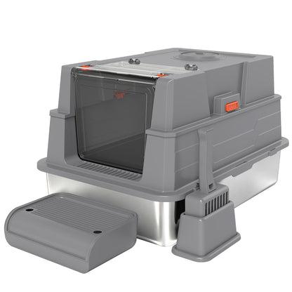 XXL Stainless Steel Cat Litter Box, 130 L (≈34.3 US gal) — 180° Flip Lid, High Sides, Scoop & Step — For Up to 3 Cats (≤22 lb / 10 kg each) — 27.6 x 19.7 x 16.9 in, Gray