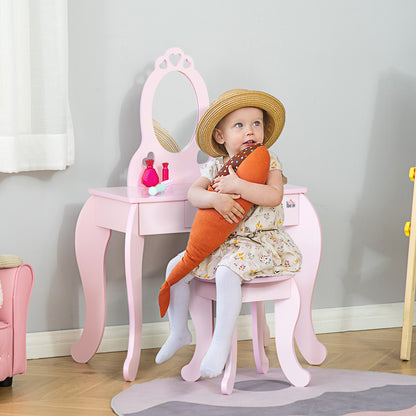 Children's Wooden Vanity Table for Girls aged 3-6 with Stool and Princess Style Mirror Makeup Table with Drawer for Bedroom 60x36x88 cm Pink