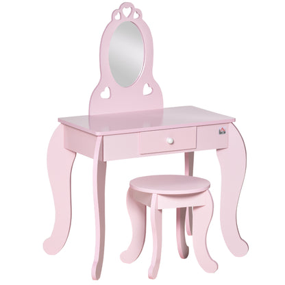 Children's Wooden Vanity Table for Girls aged 3-6 with Stool and Princess Style Mirror Makeup Table with Drawer for Bedroom 60x36x88 cm Pink
