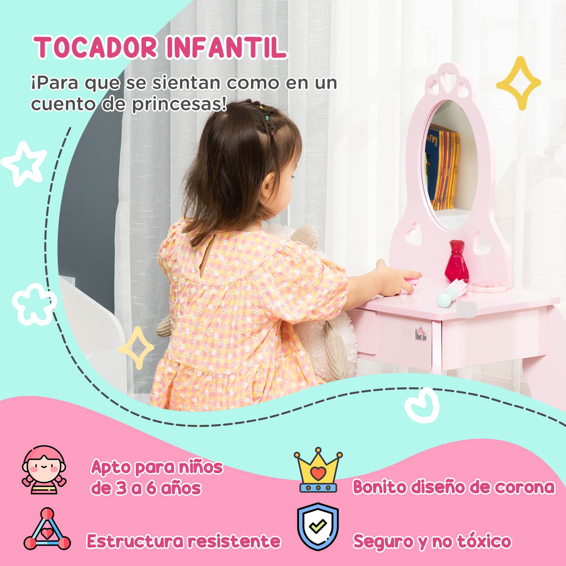 Children's Wooden Vanity Table for Girls aged 3-6 with Stool and Princess Style Mirror Makeup Table with Drawer for Bedroom 60x36x88 cm Pink