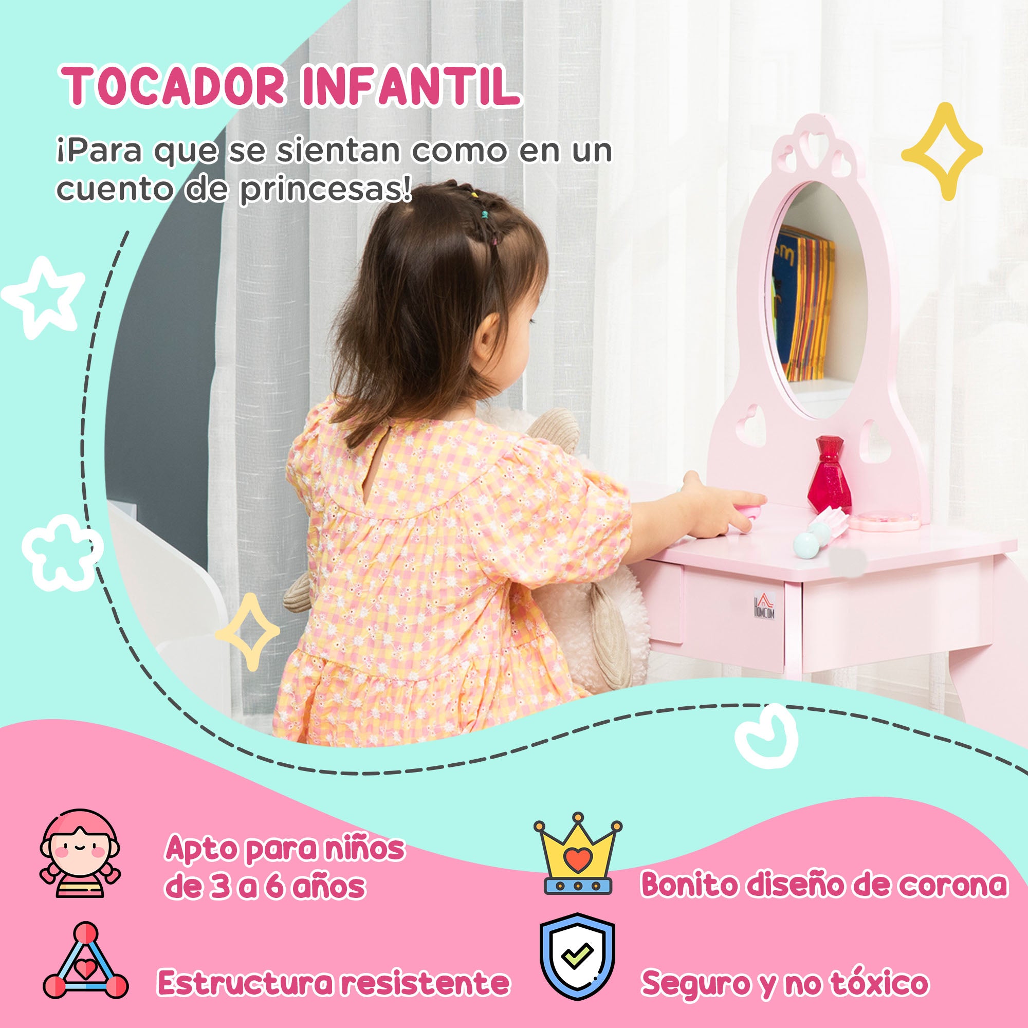 Children's Wooden Vanity Table for Girls aged 3-6 with Stool and Princess Style Mirror Makeup Table with Drawer for Bedroom 60x36x88 cm Pink