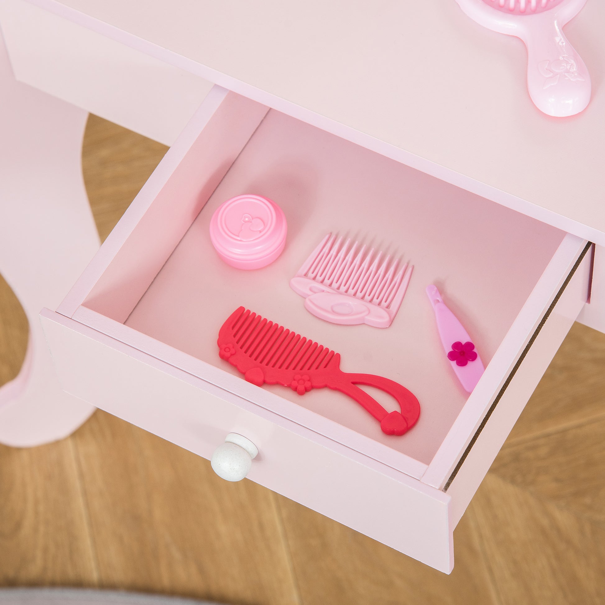 Children's Wooden Vanity Table for Girls aged 3-6 with Stool and Princess Style Mirror Makeup Table with Drawer for Bedroom 60x36x88 cm Pink