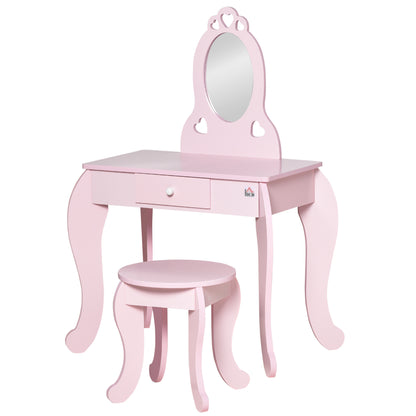 Children's Wooden Vanity Table for Girls aged 3-6 with Stool and Princess Style Mirror Makeup Table with Drawer for Bedroom 60x36x88 cm Pink