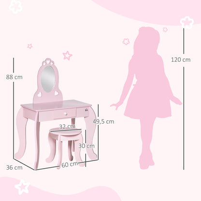 Children's Wooden Vanity Table for Girls aged 3-6 with Stool and Princess Style Mirror Makeup Table with Drawer for Bedroom 60x36x88 cm Pink