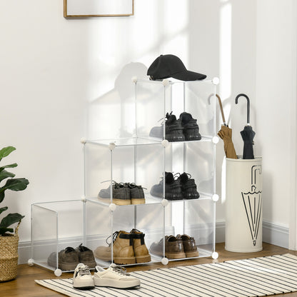 Modular Space-Saving Shoe Cabinet with Stackable Design, 6 Cubes in PP Plastic, 65x32x95cm, Transparent