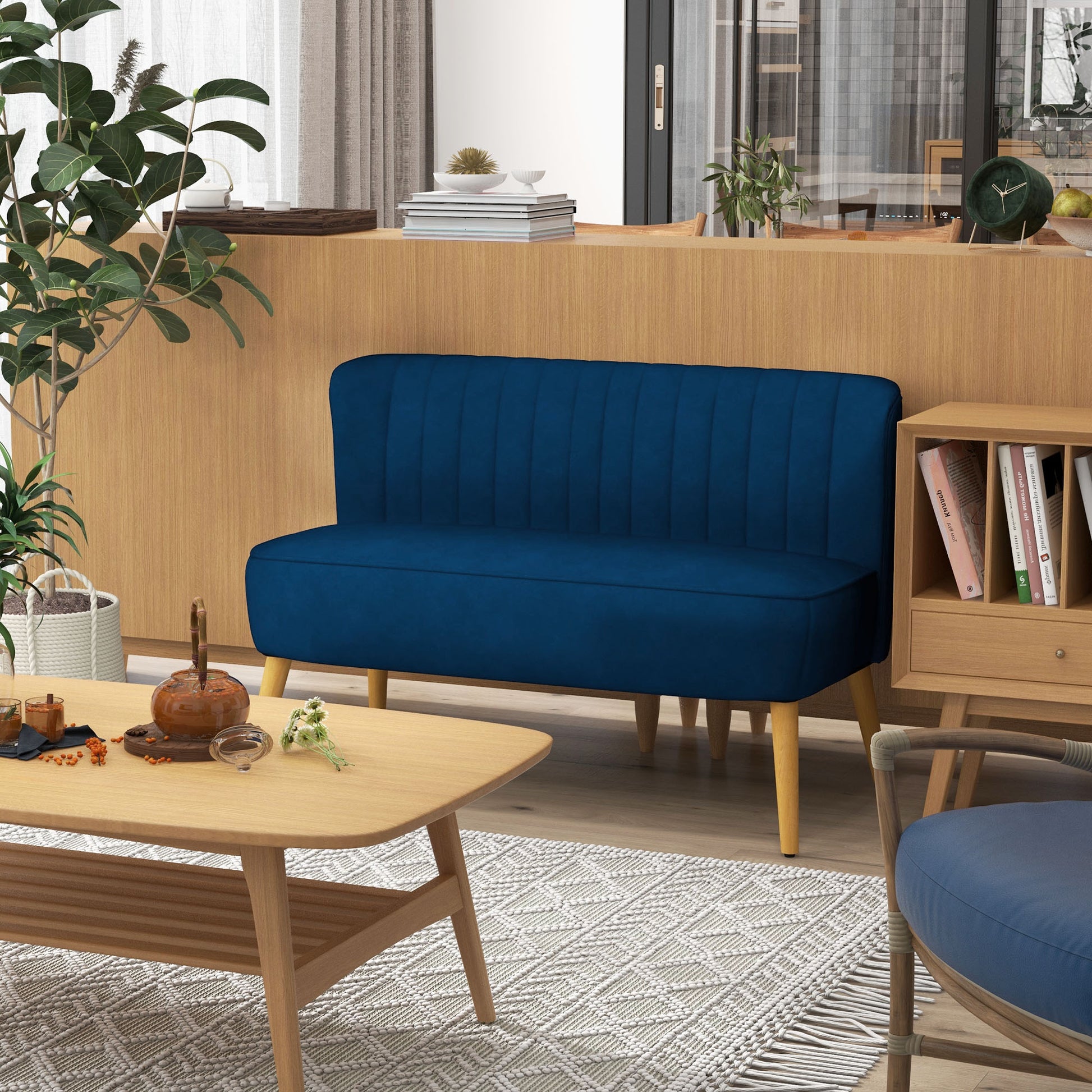 2-Seater Fabric Sofa Upholstered Double Sofa Seating Furniture Lounge Sofa Wood Velvet-like Polyester Foam Blue 117 x 56.5 x 77 cm