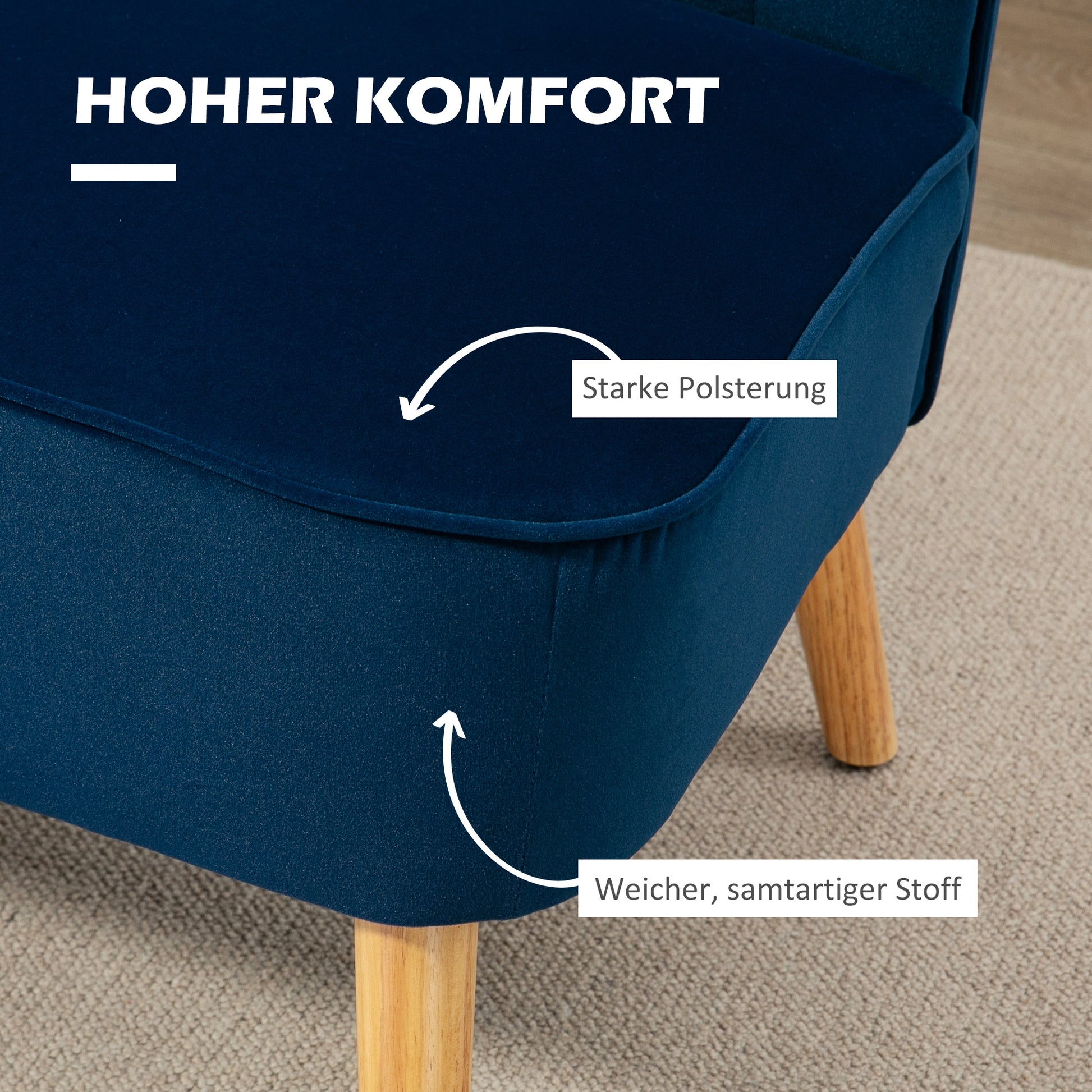 2-Seater Fabric Sofa Upholstered Double Sofa Seating Furniture Lounge Sofa Wood Velvet-like Polyester Foam Blue 117 x 56.5 x 77 cm