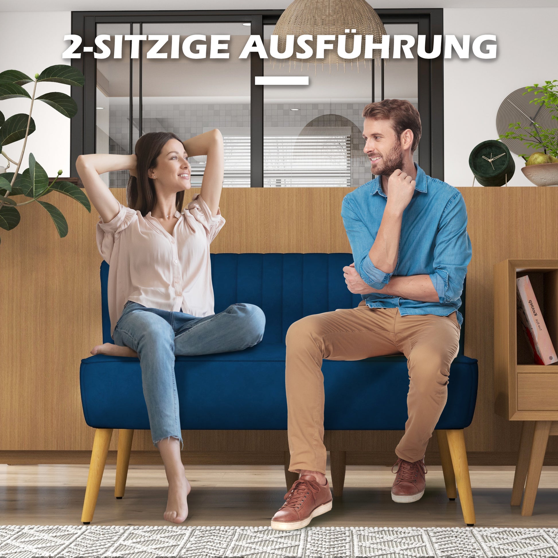 2-Seater Fabric Sofa Upholstered Double Sofa Seating Furniture Lounge Sofa Wood Velvet-like Polyester Foam Blue 117 x 56.5 x 77 cm