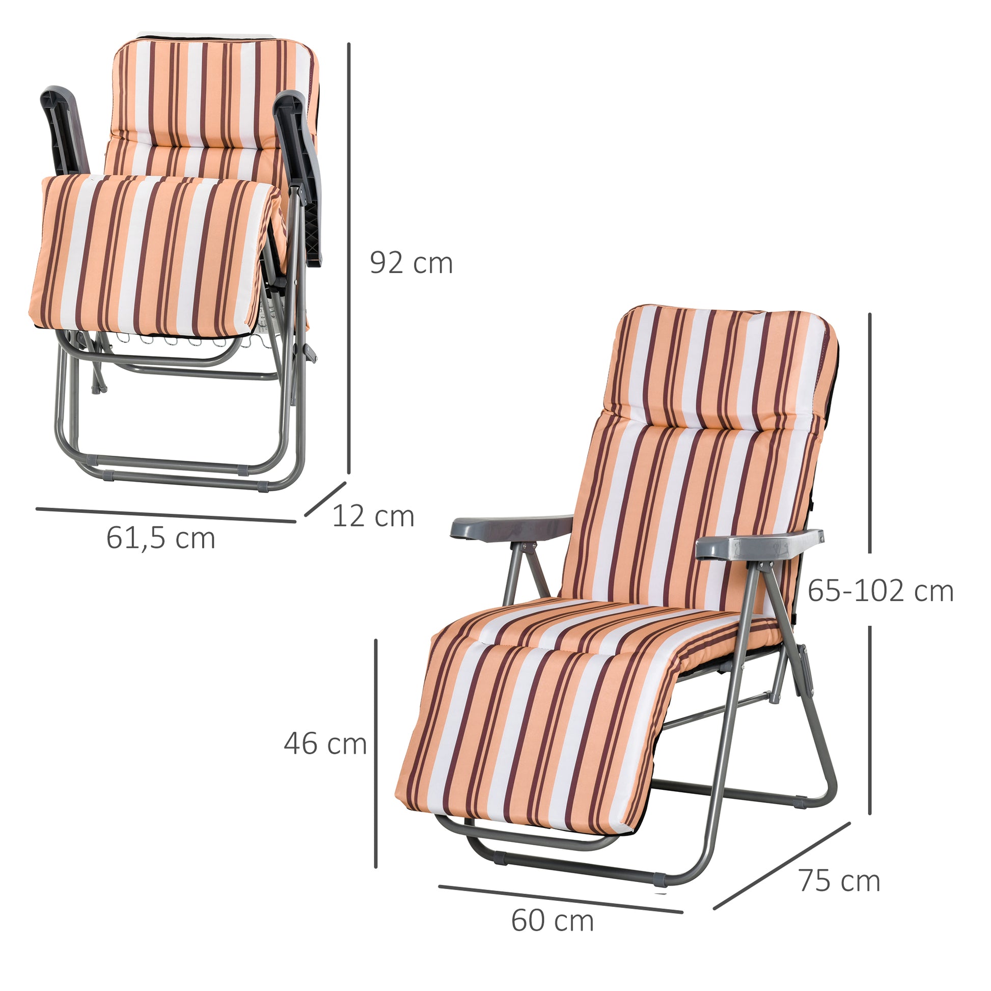 Set of 2 Folding Loungers Garden Loungers with Padded Cushion 5-Position Adjustable Backrest and Footrest 60x75x65-102 cm Orange Stripes