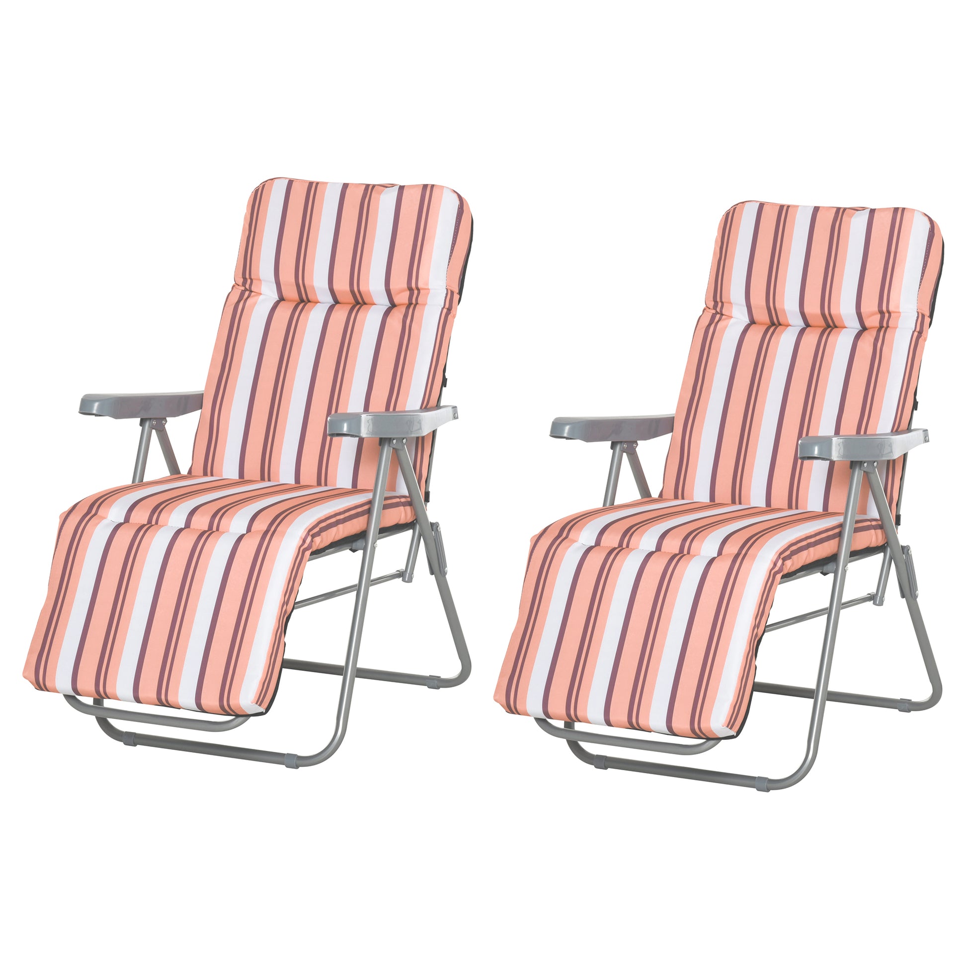 Set of 2 Folding Loungers Garden Loungers with Padded Cushion 5-Position Adjustable Backrest and Footrest 60x75x65-102 cm Orange Stripes