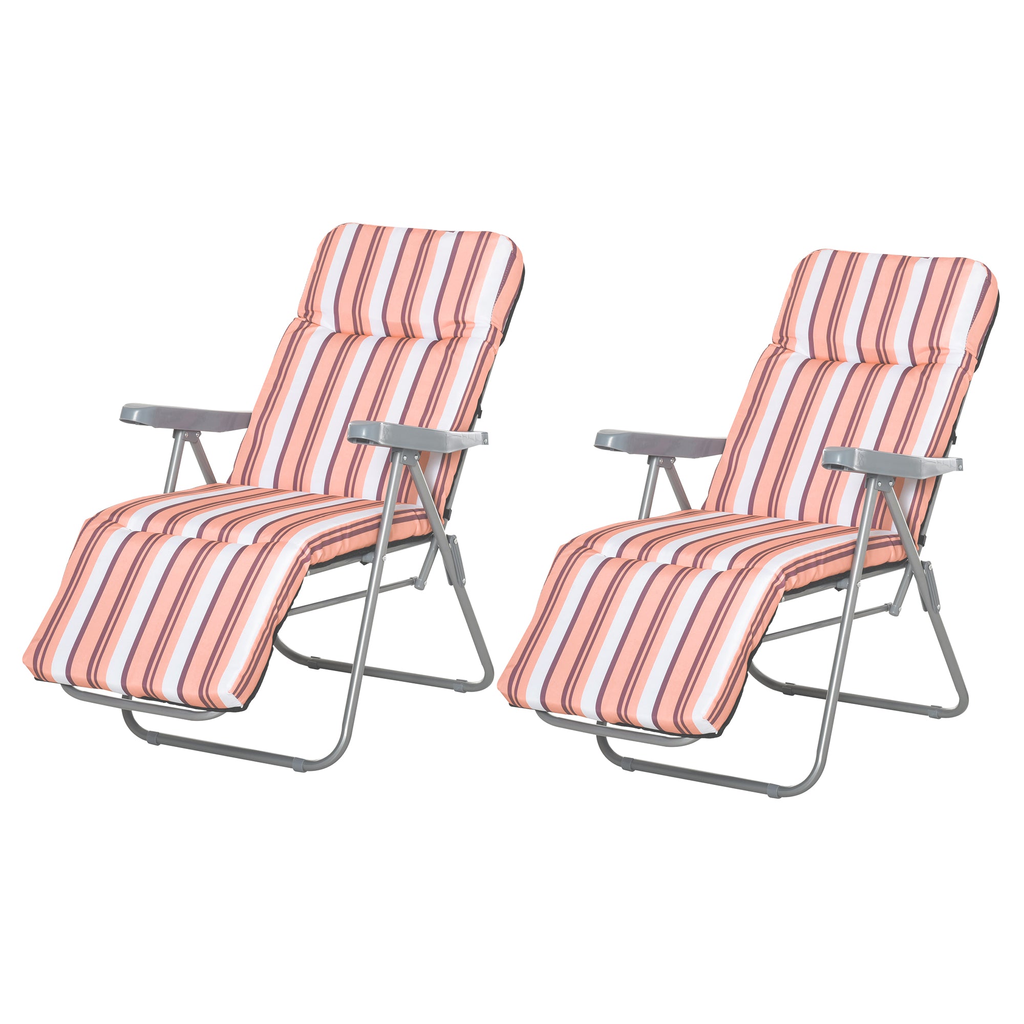 Set of 2 Folding Loungers Garden Loungers with Padded Cushion 5-Position Adjustable Backrest and Footrest 60x75x65-102 cm Orange Stripes
