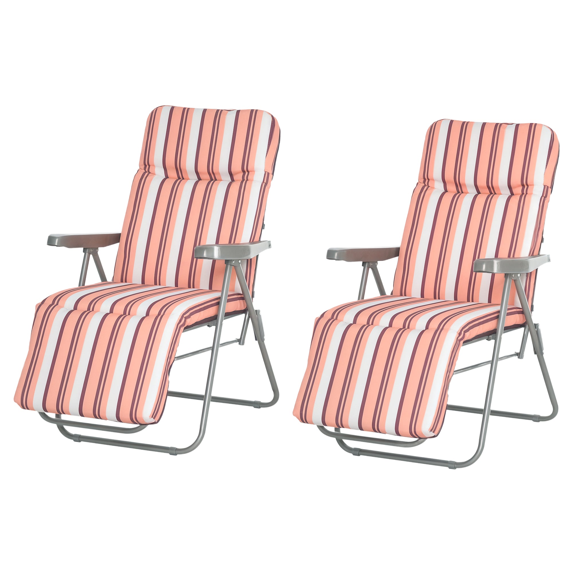 Set of 2 Folding Loungers Garden Loungers with Padded Cushion 5-Position Adjustable Backrest and Footrest 60x75x65-102 cm Orange Stripes