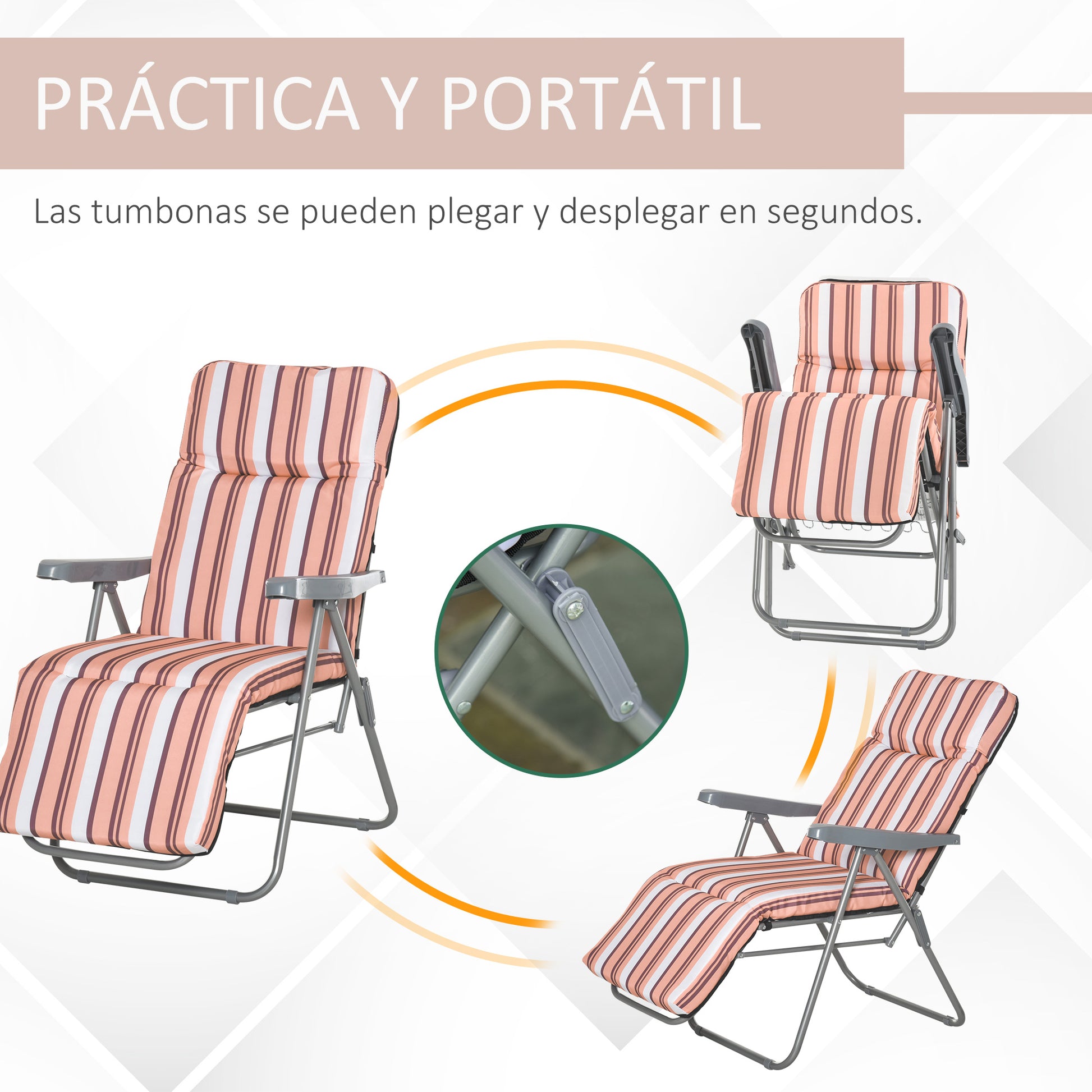 Set of 2 Folding Loungers Garden Loungers with Padded Cushion 5-Position Adjustable Backrest and Footrest 60x75x65-102 cm Orange Stripes