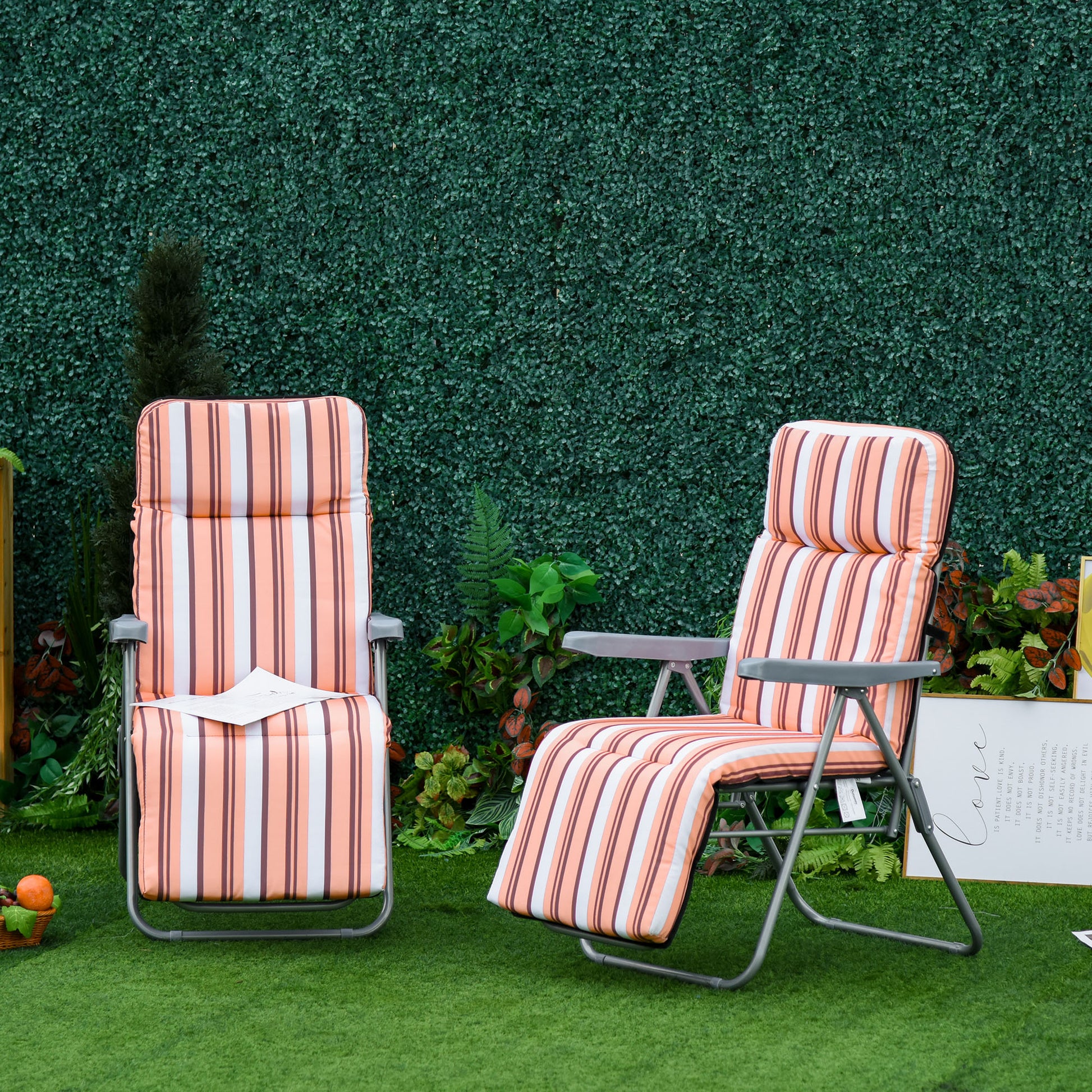 Set of 2 Folding Loungers Garden Loungers with Padded Cushion 5-Position Adjustable Backrest and Footrest 60x75x65-102 cm Orange Stripes