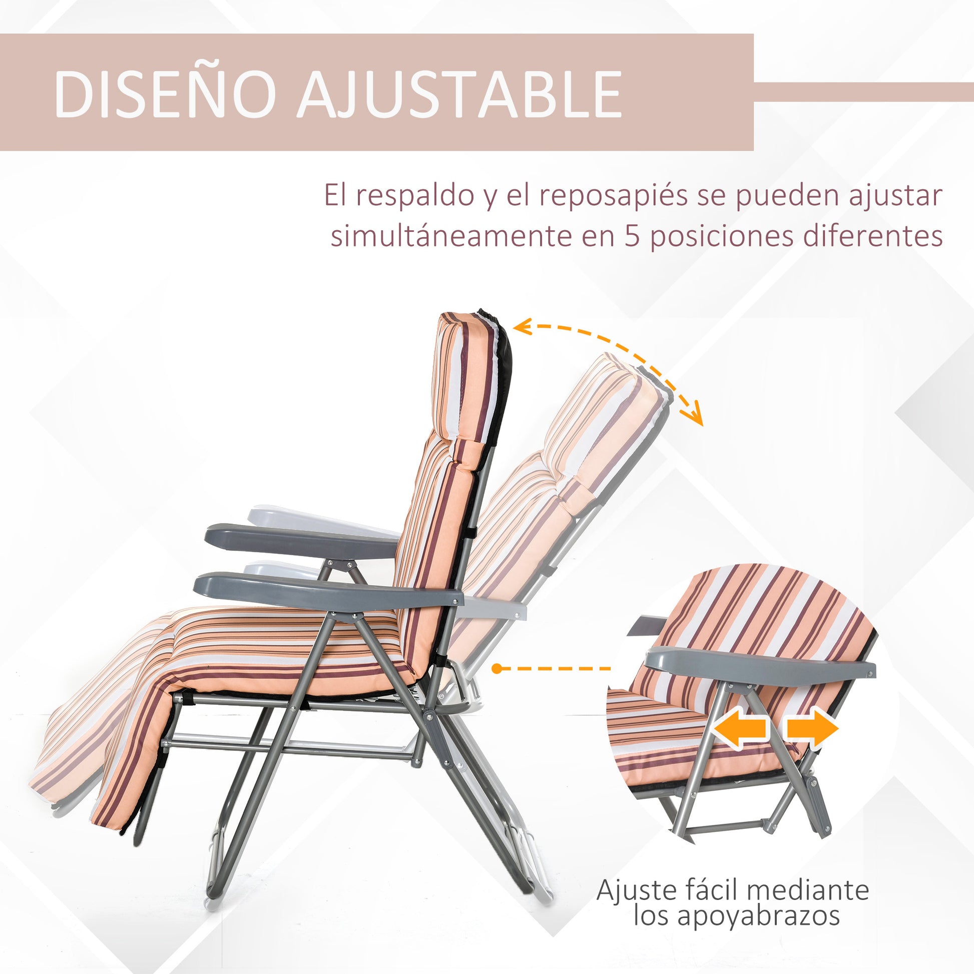 Set of 2 Folding Loungers Garden Loungers with Padded Cushion 5-Position Adjustable Backrest and Footrest 60x75x65-102 cm Orange Stripes