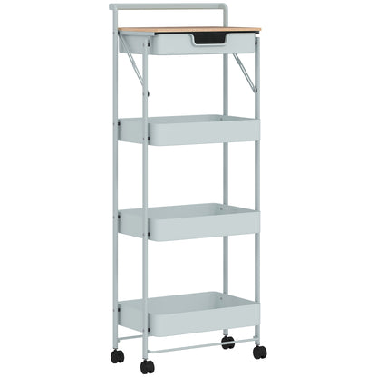 4-Tier Utility Cart with Wheels Kitchen Cart with 1 Drawer and 3 Baskets Organizer Cart for Bedroom Living Room Office Light Green