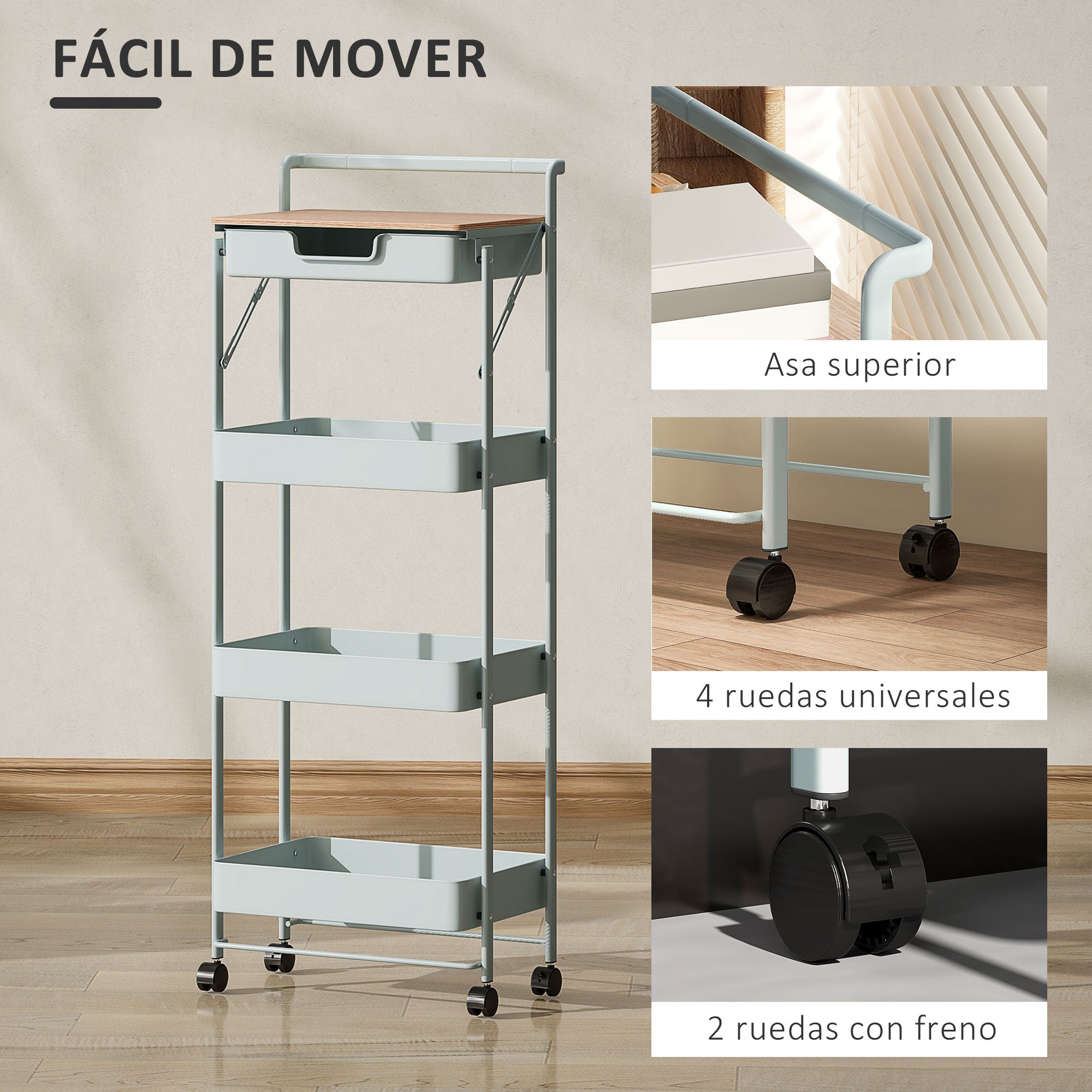 4-Tier Utility Cart with Wheels Kitchen Cart with 1 Drawer and 3 Baskets Organizer Cart for Bedroom Living Room Office Light Green