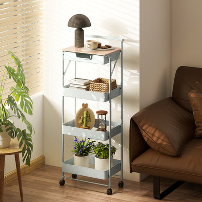 4-Tier Utility Cart with Wheels Kitchen Cart with 1 Drawer and 3 Baskets Organizer Cart for Bedroom Living Room Office Light Green