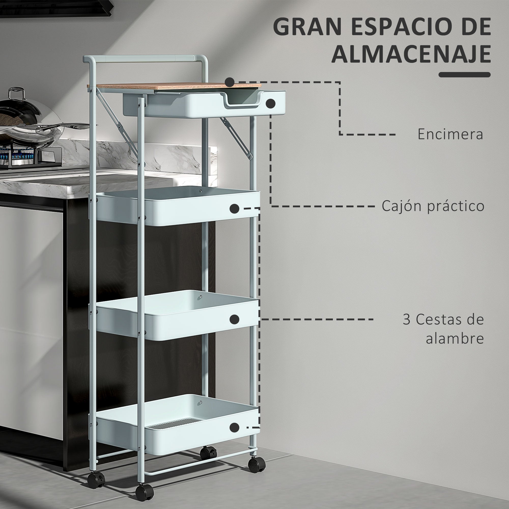 4-Tier Utility Cart with Wheels Kitchen Cart with 1 Drawer and 3 Baskets Organizer Cart for Bedroom Living Room Office Light Green