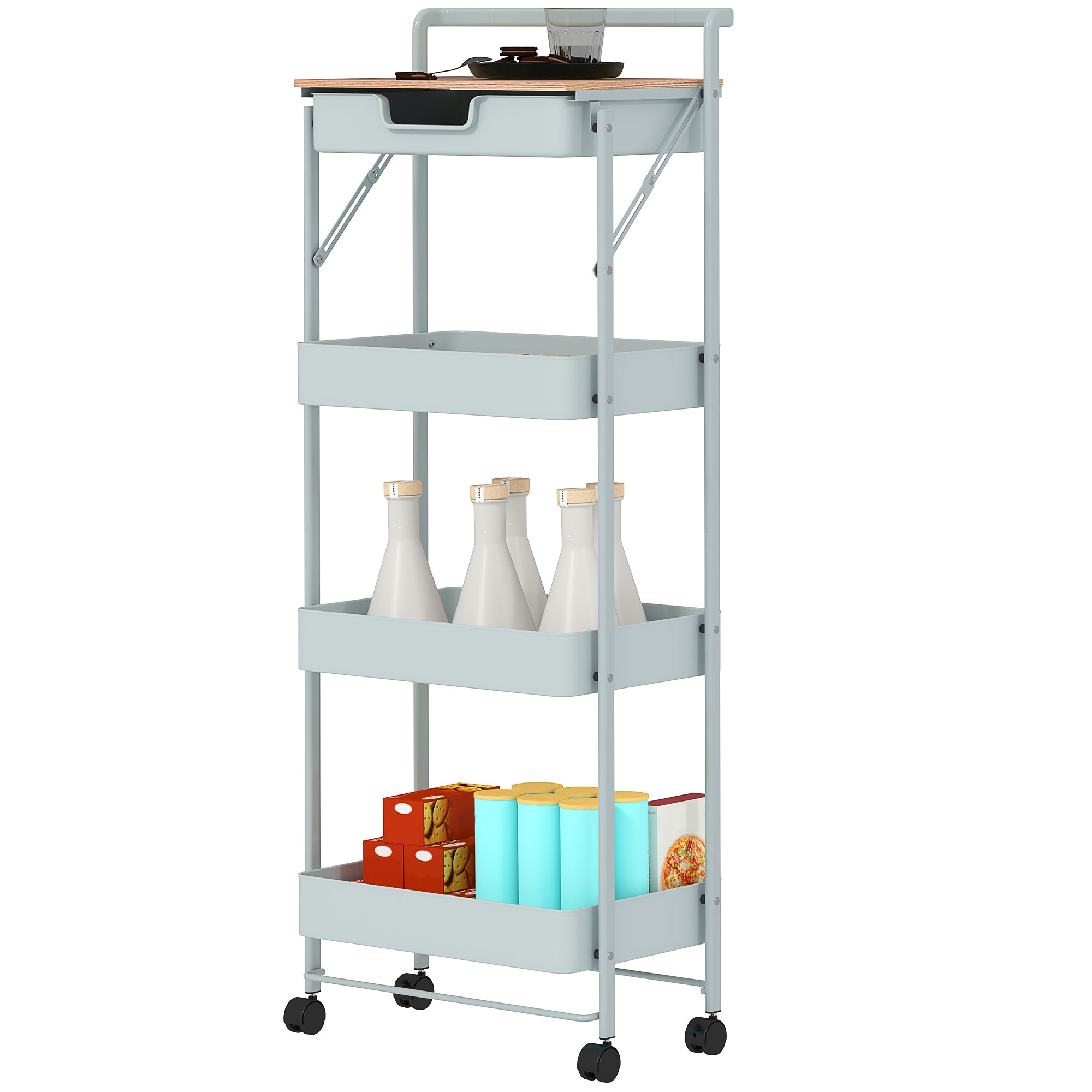 4-Tier Utility Cart with Wheels Kitchen Cart with 1 Drawer and 3 Baskets Organizer Cart for Bedroom Living Room Office Light Green