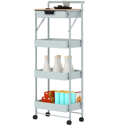 4-Tier Utility Cart with Wheels Kitchen Cart with 1 Drawer and 3 Baskets Organizer Cart for Bedroom Living Room Office Light Green