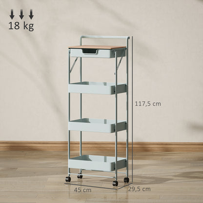 4-Tier Utility Cart with Wheels Kitchen Cart with 1 Drawer and 3 Baskets Organizer Cart for Bedroom Living Room Office Light Green