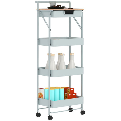 4-Tier Utility Cart with Wheels Kitchen Cart with 1 Drawer and 3 Baskets Organizer Cart for Bedroom Living Room Office Light Green