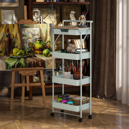 4-Tier Utility Cart with Wheels Kitchen Cart with 1 Drawer and 3 Baskets Organizer Cart for Bedroom Living Room Office Light Green