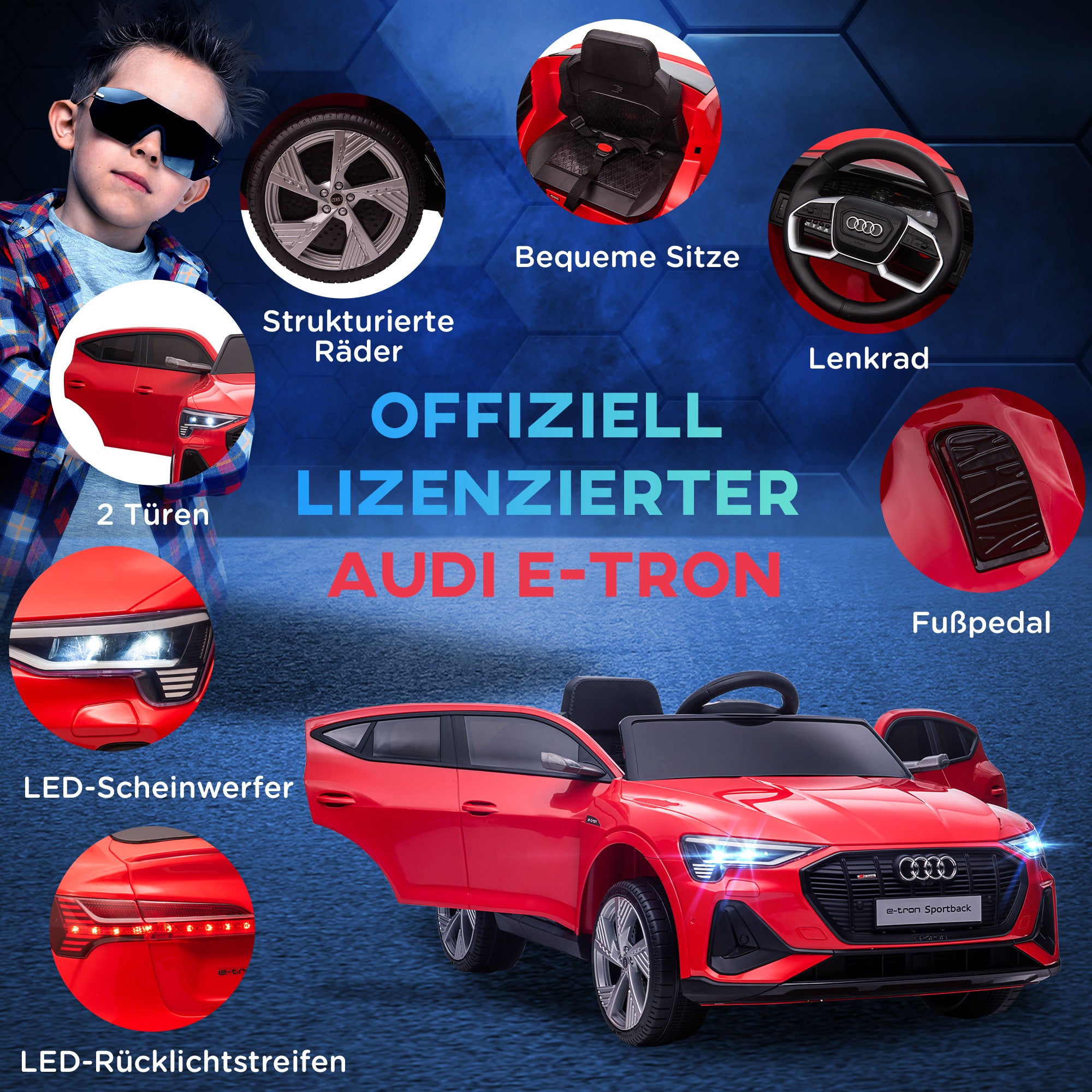 12V Electric Kids Car Audi E-tron Electric Vehicle with Remote Control, Safety Belt, Music (MP3/USB/TF), Kids Vehicle for Children 3-5 Years, 3-5 km/h, Red