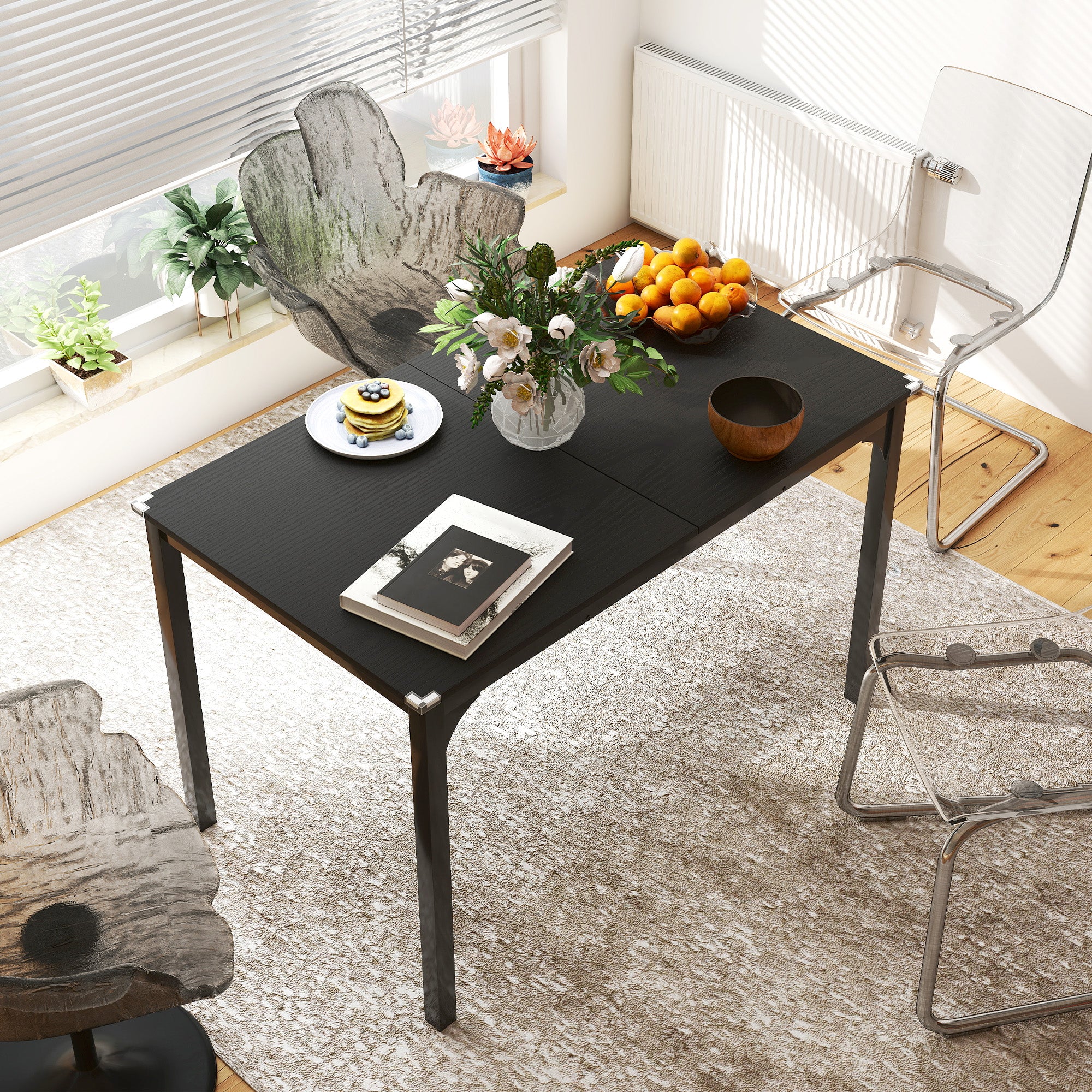 Folding Dining Table, Extendable Rectangular Kitchen Table for 4 to 6 people, Steel Legs, for Small Spaces, Dining Room, Black
